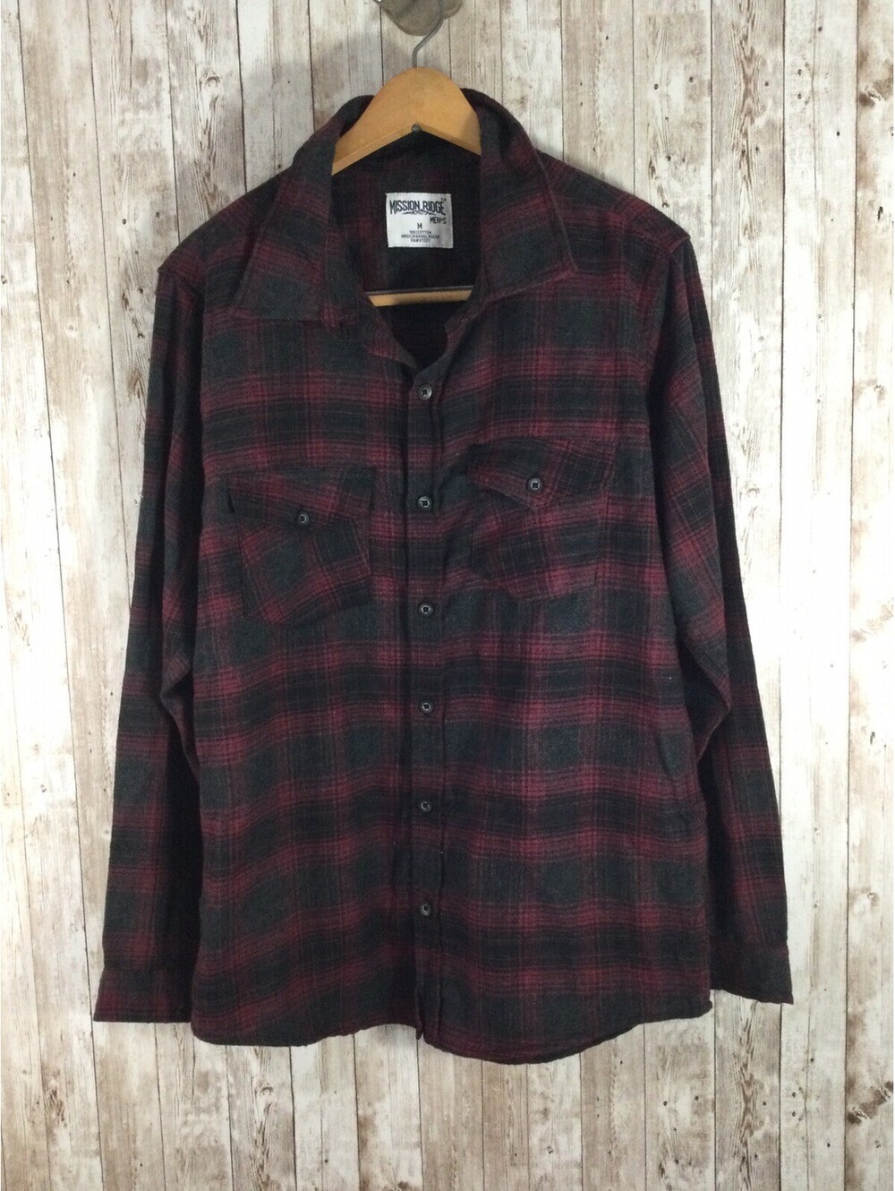Mountain Ridge Flannel Shirt Mens Sz M Black Maroon Plaid Button Up Soft Casual